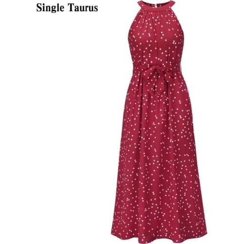 White Dot Printing Red Summer Dress 2021 Summer Streetwear Sleeveless Beach Maxi Dresses for Women Lace Up Halter Sexy Vestidos