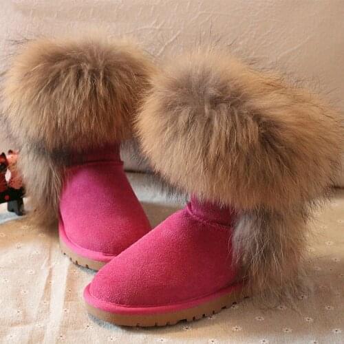 2020 Real Raccoon Fur 100% Genuine Leather Snow Boots Muleshoe Knee-High Winter Womens Boots