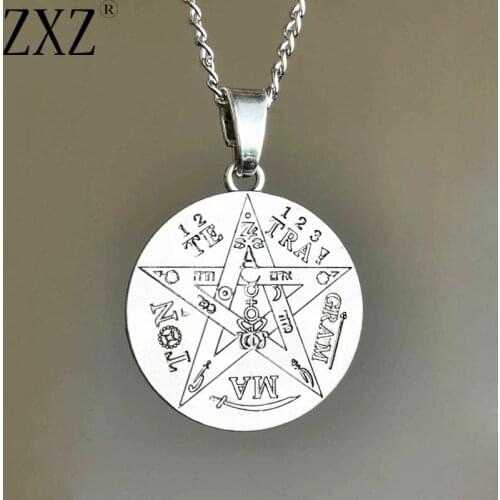 ZXZ Large Silver Color Tetragrammaton Pentagram Pentacle 2 Sided Wicca Pagan Charm Pendant 18" Long Chain Necklace