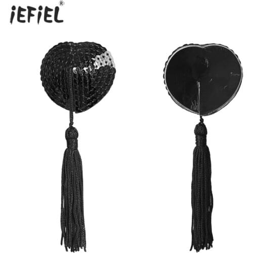 1Pair Sexy Nipple Covers Heart Shaped Sequins Tassels Adhesive Breast Petals Erotic Women Lingerie Nipple Stickers Pasties