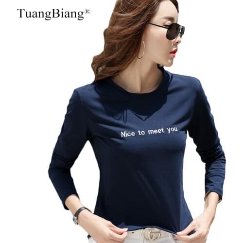 2020 Autumn Slim Letter embroidery Cotton T-Shirts O-Neck Long Sleeve Winter Women Tee shirts Purple Navy blue Green Casual Tops