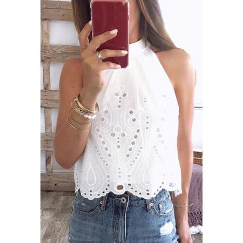 White Cropped Chiffon Halter Womens Blouse Top Hollow Out Embroidery Sleeveless Lace Up Shirts Sexy Summer Blouses and Tops