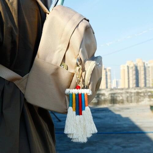 European and American Hand-woven Rainbow Bag Key Chain Bohemian Cotton Tassel INS Keychain Accessory Bag Charm Pendant Gift