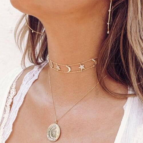 2021Fashion Gold Rose Silver Color Chame Choker Double Chain Delicate Sparking CZ Moon Star Pendant Necklace Jewelry For Women