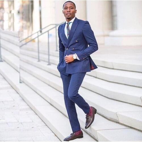 Double Breasted Pinstripe Wedding Tuxedos Slim Fit Two Pieces Best Mens Buesiness Prom Clothing(Jacket+Pants)