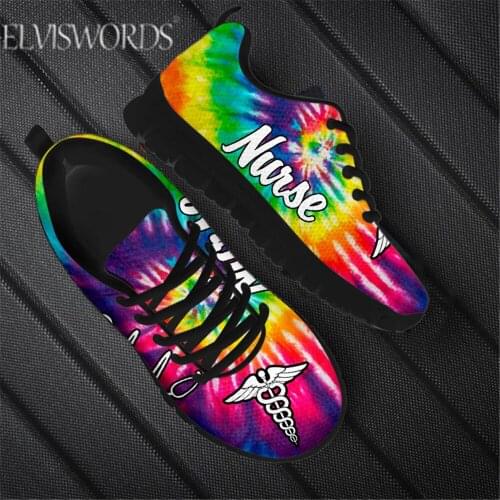 ELVISWORDS Women Flats Shoes Tie Dye Nurse Pattern Lace Up Trend Nursing Ladies Sneakers Air Mesh Designer Shoes Female Zapatos