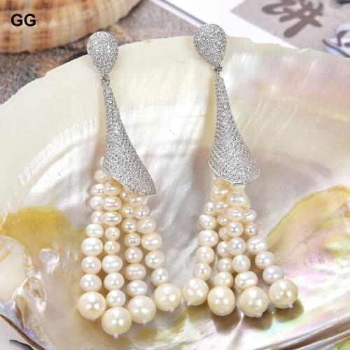 GuaiGuai Jewelry Natural Pearl 3.7'' White Pearl Tassel White Gold Plated CZ Stud Earrings