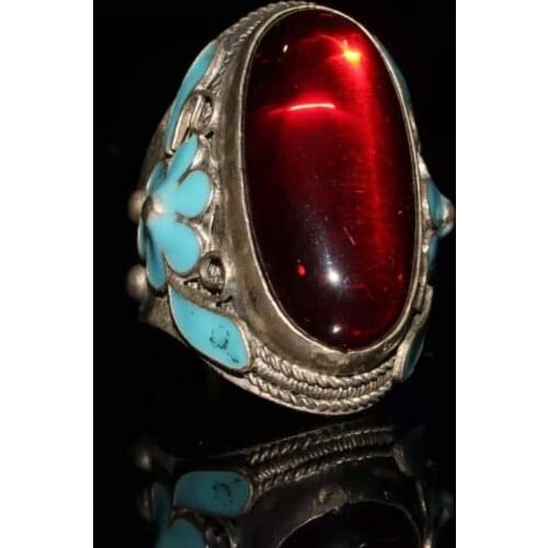 Collection Chinese old Tibetan silver cloisonne inlaid Zircon ring