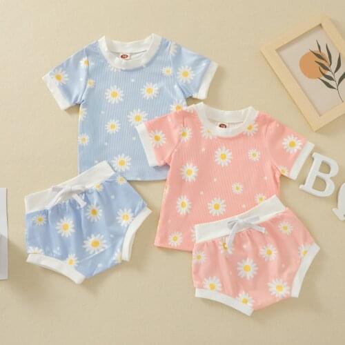 Summer Casual Baby Girls Boys Clothing Set Floral Printed Ribbed Short Sleeve Tops+Shorts 2PCS Kids Toddler Little Baby Outfits