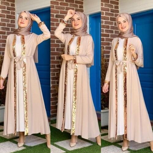 Muslim Dress Women Sequins Trim Kimono Abaya for Women Dress Dubai Muslim Modest Eid Mubarak Moroccan Arabic Turkish Islamic