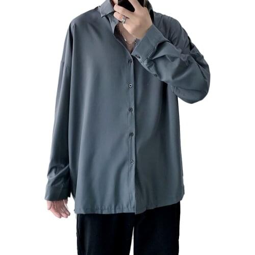 2021 Spring Mens Solid Color Simple Lapel Korean Long Sleeve Shirt Top