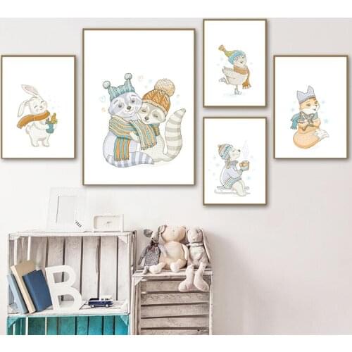 Nordic Posters And Prints Wall Art Canvas Painting Cute Fox Rabbit Raccoon Couple Bird Dog Quotes Wall Pictures Kids Room Decor