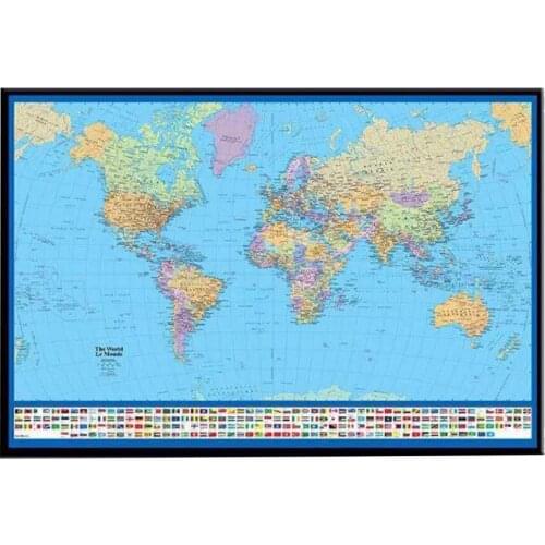 90x60cm World Map Poster Wall Decoration Home Decor Silk Cloth English Poster with National Flag for Education and Culture