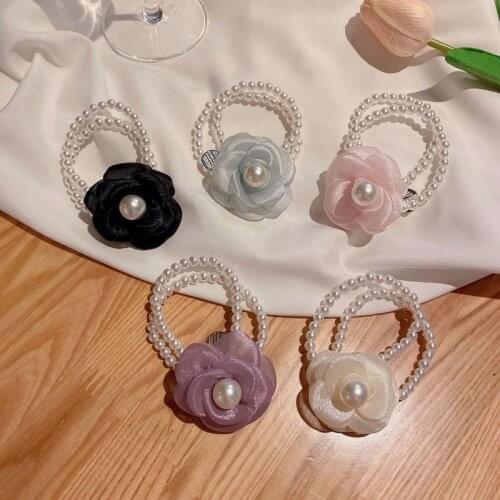 Japanese Korean Style Solid Color Fabric Flower Round Bead Beaded Hair Ties Girl Rubber Band for Women Fashion Hair Accessories