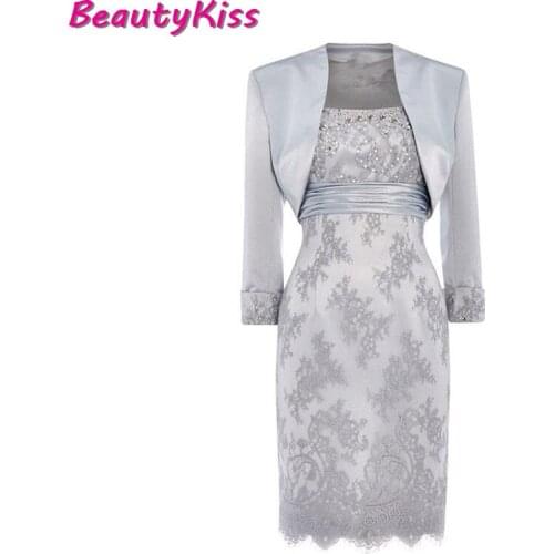 With Jacket Mother Of The Bride Dress Short Knee Length Silver Navy Blue Beaded Lace Satin Formal Party Gown Wedding Guest Gown