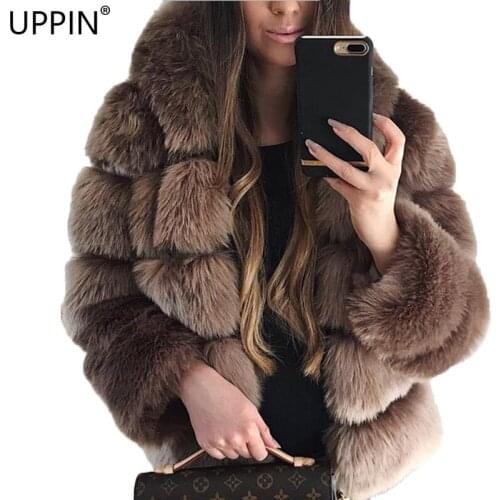 UPPIN Popular Shaggy Cardigan Faux Fur Coat with Hood Plus Size 2018 Winter Fox Fur Jacket Women Hooded Coats Girls Furs Jackets