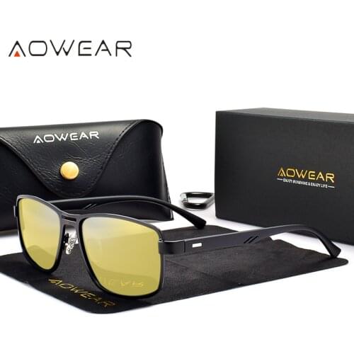AOWEAR Mens Square Polarized Sunglasses Men Rectangle Car Driver Retro Sun Glasses Night Vision Yellow Glasses for Men / Women