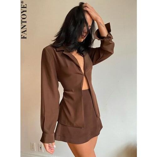 Fantoye Turn-down Collar Button Women Two Piece Of Set Black Long Sleeve Top High Waist Mini Skirt Ladies Autumn Slim Street Set