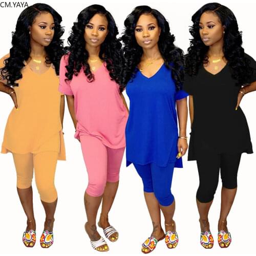 2019 Women new summer solid v-neck side split tee top & knee length pants suit two piece set casual sporting tracksuit GLWY6566