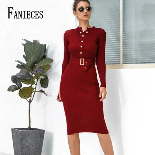 Woman Autumn Winter Long-Sleeved Sweaters Dresses With belt Office Lady Stand-Up Collar Sweater Dress Button Pencil vestidos