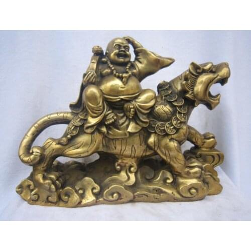 15" Chinese Bronze Happy Laugh Buddha Hold Ruyi On Tiger Wealth Money Statue