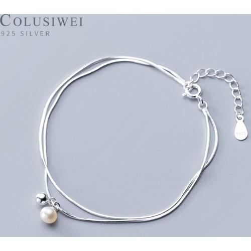 Colusiwei Authentic 925 Sterling Silver Fashion Beads Ball Pearl Double Layer Snake Bone Chain Bracelet for Women Fine Jewelry