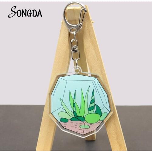 Green Potted Plant Acrylic Keychains Accessories Terrarium Cactus Aloe Key Chains Two-Sided Keyrings Unisex Jewelry Gift llavero