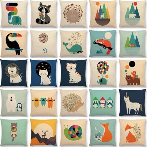 Double print Cartoon Animals Unicorn Tigers Lion Hedgehog Raccoon Elephant Fox Toucan Cat Cushion Cover Sofa Throw Pillow case