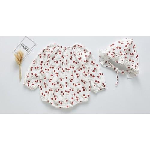 Lovely cozy newborn romper for girls full cherry printing pattern jumpsuit toddler baby bodysuit overalls children pajamas 0-24m
