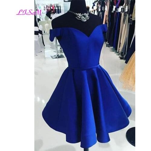 Elegant Satin Off the Shoulder Short Length Homecoing Dress A-Line V-Neck Blue Prom Dresses Party Gowns