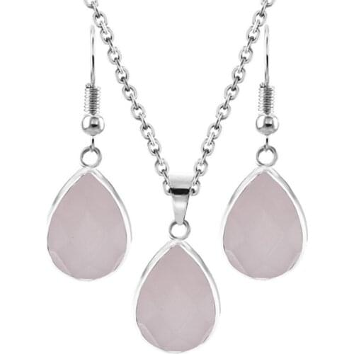 FYSL Silver Plated Water Drop Section Rose Pink Quartz Pendant Necklace Dangle Earrings for Women Jewelry Set