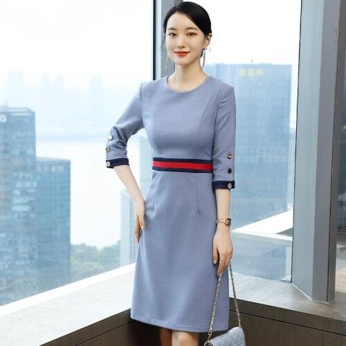 IZICFLY Spring Summer Style Korean Dresses For Women Light Blue Office Slim Business Plus Size Casual Clothes Ladies Work Wear