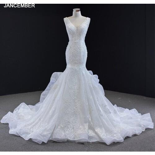 J66964 jancember mermaid wedding dresses 2020 in satin v neck sleeveless court train pattern lace boho dress vestidos de noiva