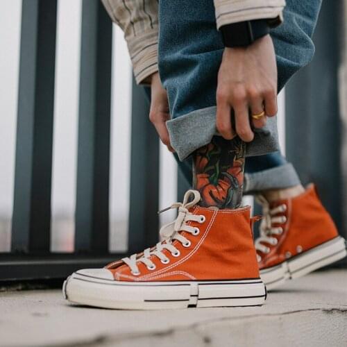 Men High Top Canvas Shoes Lace-up Sneakers Unisex Casual Shoes Classic Retro Style Black High Quality Male T3-46