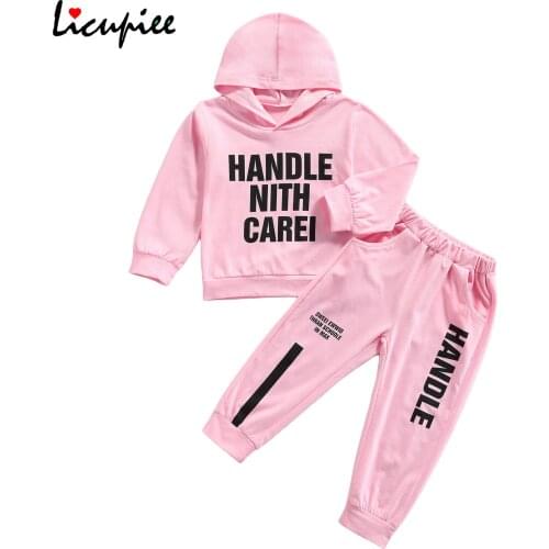 Baby Girl Hooded Sets 2 Pcs Baby Girls Letter Print Outfits, Casual Long Sleeve Hoodie + Trousers with Slant Pockets