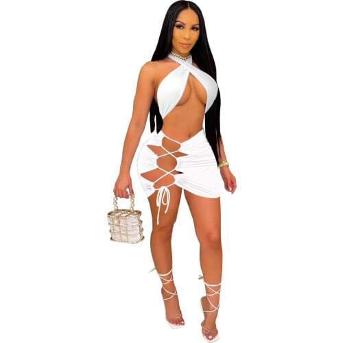 Summer New Style 2021 Sexy Tube Top Lacing Two Piece Set Women Skirt Solid Color Bikini Swimsuit Suit