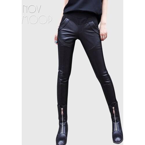 Novmoop sliced sheepskin genuine leather women pensil pants legging patched with spandex fabric back side chic LT3328
