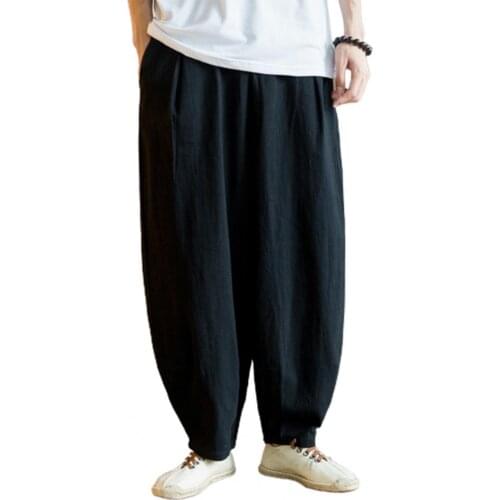 Solid Color Full-length Straight Elastic Waist Pockets Men Harem Pants Sweatpants for Sports