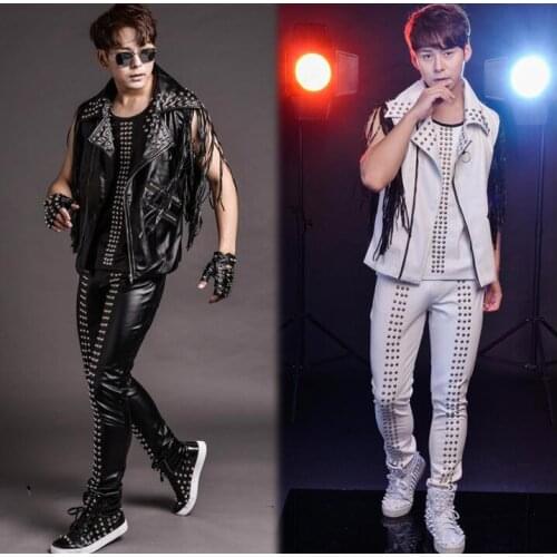 Original men leather vest personalized singer dance stage street star style sleeveless rivet tassel clothing punk rock dress