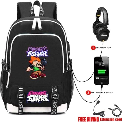 Anime Friday Night Funkin backpack USB charging Headphone jack Students bookbag Men Teenage Laptop backpack travel bag