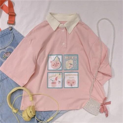 Chic Vintage Pig Printing Shirt Neck Short Sleeve Womens Pink Cute Girl Summer Loose Female Shirts Kawaii Clothe