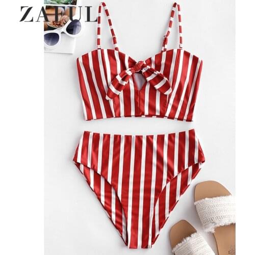 ZAFUL Striped Knotted High Waisted Tankini Swimwear Bikini
