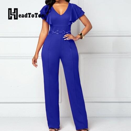 Solid OL Elegant Ruffles Romper Woman Short Sleeve V Neck Straight Jumpsuits for Women