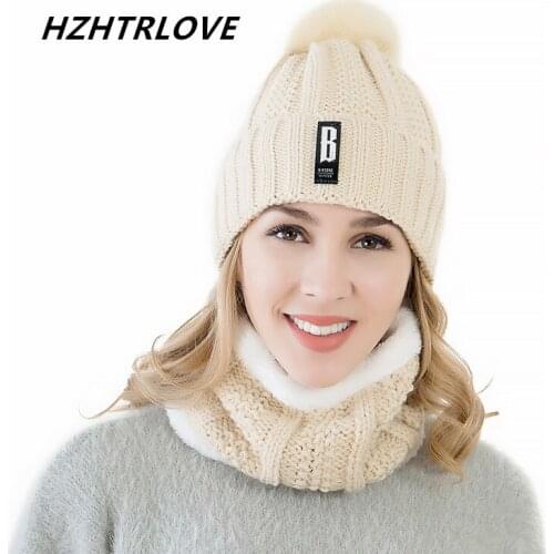 High Quality Letter B Add Wool Fur Pom Poms Winter Hats Skullies Beanie For Women Wool Scarf Cap Gorras Beanies Knitted Hat