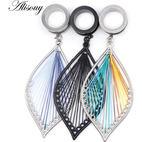 Alisouy 2pc Ear Plugs Tunnel Gauges Leaves Dangle Piercing Stretcher Stainless Steel Body Jewelry Screw Expander Fashion Earring