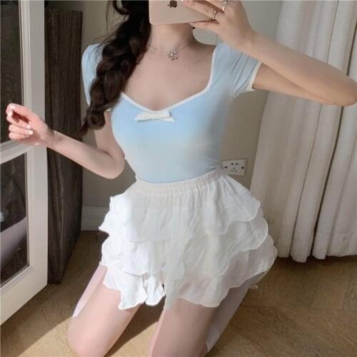White Ruffles Mini Cake Skirt Womens Summer 2021 Sweet Square Necked Bow T-shirt and High Waist Slim A-line Skirt Street Y2k