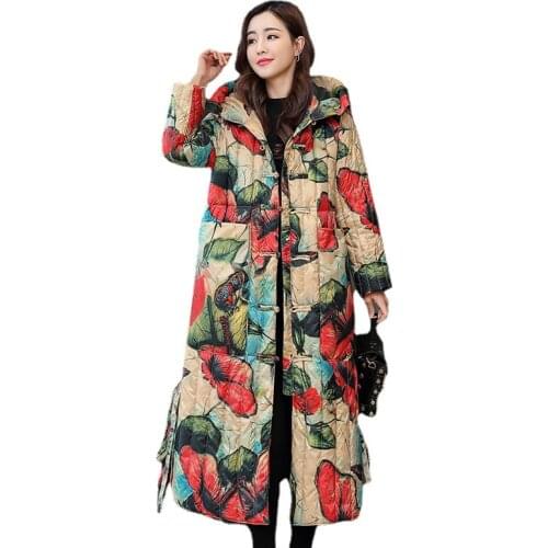 X-Long Down Cotton Jacket Women Parker New Fashion Vintage Print Hooded Jacket Thick Warm Winter Jackets Female Coats Outerwear