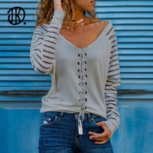 Spring/Summer T-shirt Ladies Long Sleeved Pullover Sexy V-neck White T Shirt Fashion Pure Color Bandage Clothes For Women S-2XL