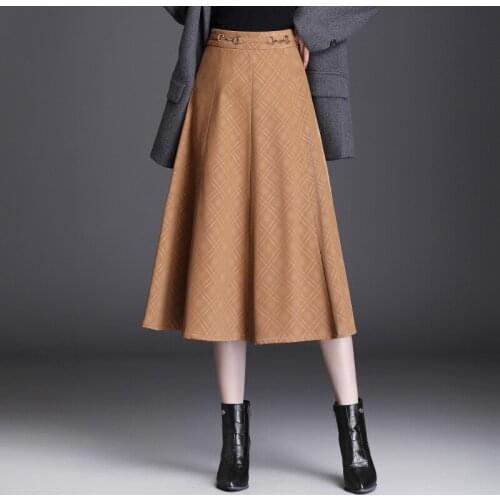 Plaid Leather Skirt Women Mid Length Autumn Winter new 2021 a Skirts high waist Big Hem Umbrella Skirt Belly jupe longue OL