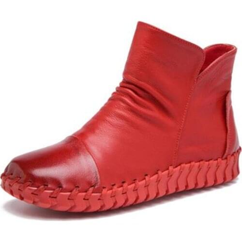 2020 Famous New Elegant Hand Sewing Top Cowhide Leather Boots Women Shoes Flat Warm Winter Boots Fashion Shoes Woman Ankle Boots